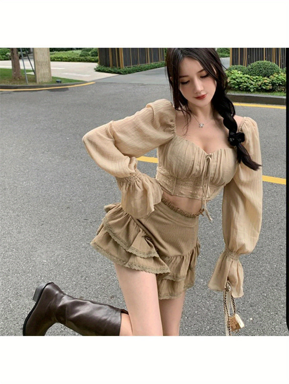 Women's Long Sleeve Crop Tops, Solid Color Patchwork Tie Up See-Through Blouse, Casual Sweet Style Tops