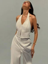 Aloruh Spring/Summer Office Lady V-Neck Sleeveless Top With Open Back & Wide Leg Pants
