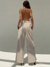 Aloruh Spring/Summer Office Lady V-Neck Sleeveless Top With Open Back & Wide Leg Pants