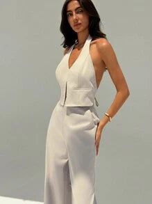 Aloruh Spring/Summer Office Lady V-Neck Sleeveless Top With Open Back & Wide Leg Pants