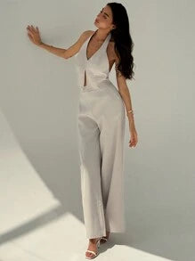 Aloruh Spring/Summer Office Lady V-Neck Sleeveless Top With Open Back & Wide Leg Pants
