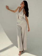 Aloruh Spring/Summer Office Lady V-Neck Sleeveless Top With Open Back & Wide Leg Pants