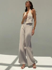 Aloruh Spring/Summer Office Lady V-Neck Sleeveless Top With Open Back & Wide Leg Pants
