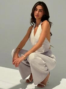 Aloruh Spring/Summer Office Lady V-Neck Sleeveless Top With Open Back & Wide Leg Pants