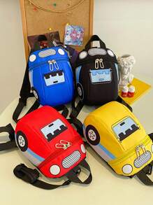 Cute Toddler Boys' Backpack With Anti-Lost Strap, Car Cartoon Design Outdoor Travel Bag