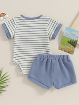 2pcs Infant Toddler Boys' Summer Outfit Set, Cotton Blend Striped T-Shirt with Button Detail & Elastic Waist Shorts, Casual Crew Neck Knit Fabric Romper and Shorts Combo, for Outdoor, Perfect for Outdoor