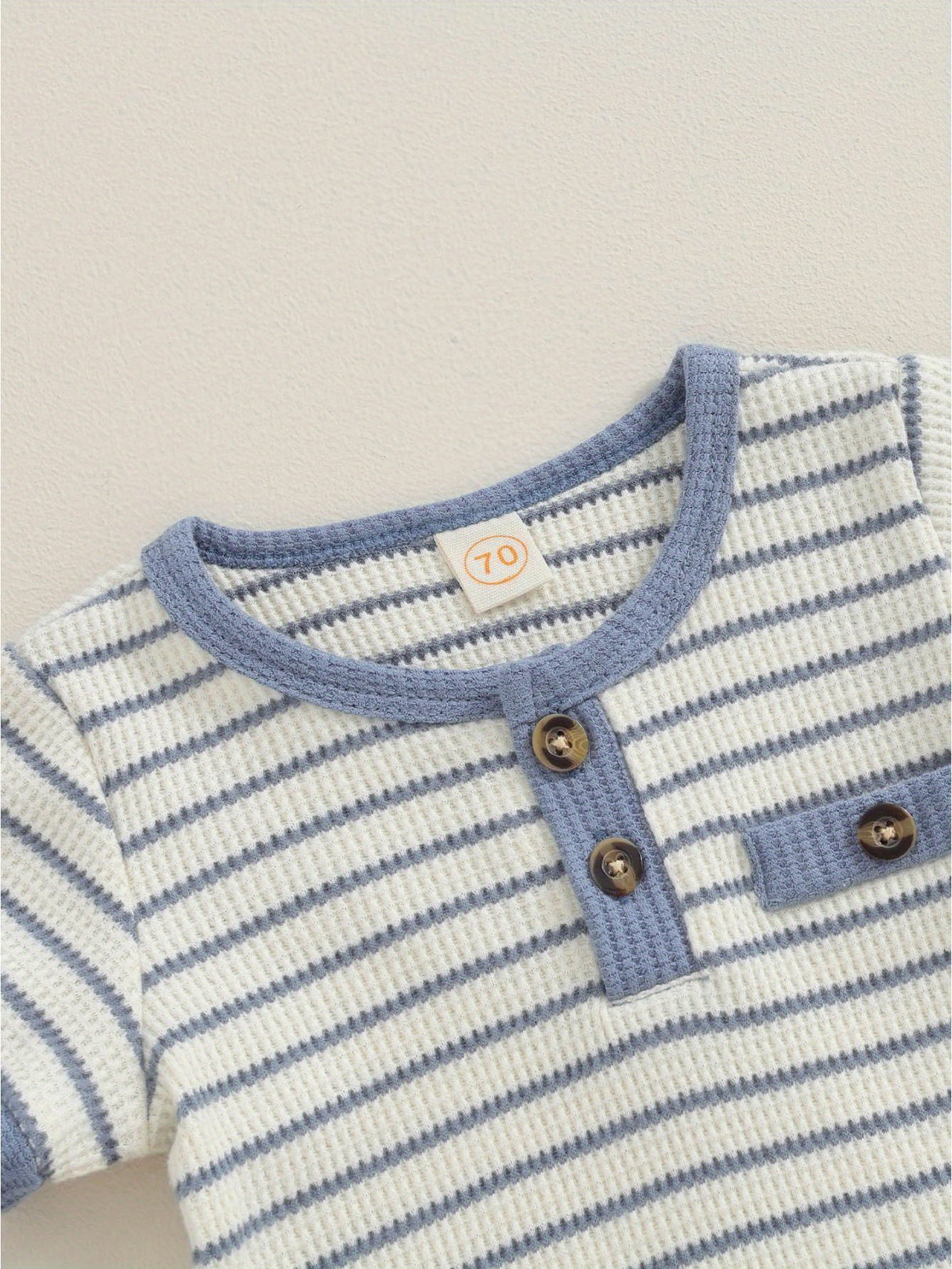 2pcs Infant Toddler Boys' Summer Outfit Set, Cotton Blend Striped T-Shirt with Button Detail & Elastic Waist Shorts, Casual Crew Neck Knit Fabric Romper and Shorts Combo, for Outdoor, Perfect for Outdoor