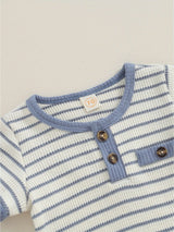 2pcs Infant Toddler Boys' Summer Outfit Set, Cotton Blend Striped T-Shirt with Button Detail & Elastic Waist Shorts, Casual Crew Neck Knit Fabric Romper and Shorts Combo, for Outdoor, Perfect for Outdoor