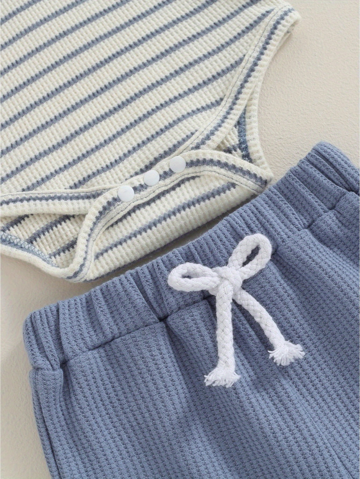 2pcs Infant Toddler Boys' Summer Outfit Set, Cotton Blend Striped T-Shirt with Button Detail & Elastic Waist Shorts, Casual Crew Neck Knit Fabric Romper and Shorts Combo, for Outdoor, Perfect for Outdoor