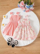 2pcs Baby Girls' Casual Spaghetti Strap Dress With All-Match And Cute Fun Printed Floral Patterns, Suitable For Spring/Summer, Perfect For Valentine's Day