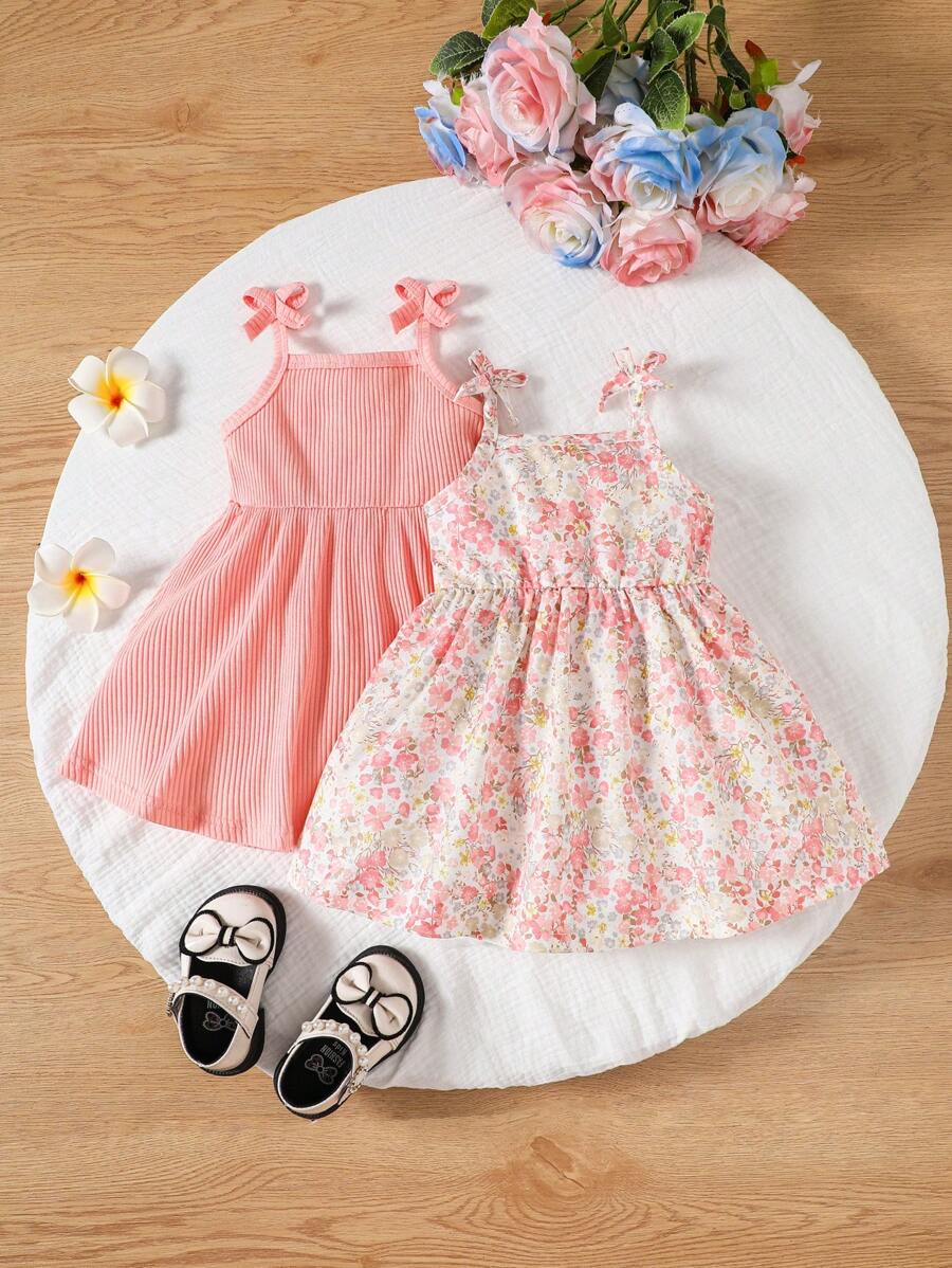 2pcs Baby Girls' Casual Spaghetti Strap Dress With All-Match And Cute Fun Printed Floral Patterns, Suitable For Spring/Summer, Perfect For Valentine's Day