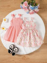 2pcs Baby Girls' Casual Spaghetti Strap Dress With All-Match And Cute Fun Printed Floral Patterns, Suitable For Spring/Summer, Perfect For Valentine's Day