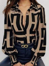 Women's Geometric Pattern Print Shirt,Long Sleeve Tops