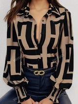 Women's Geometric Pattern Print Shirt,Long Sleeve Tops