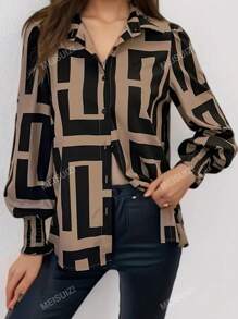 Women's Geometric Pattern Print Shirt,Long Sleeve Tops
