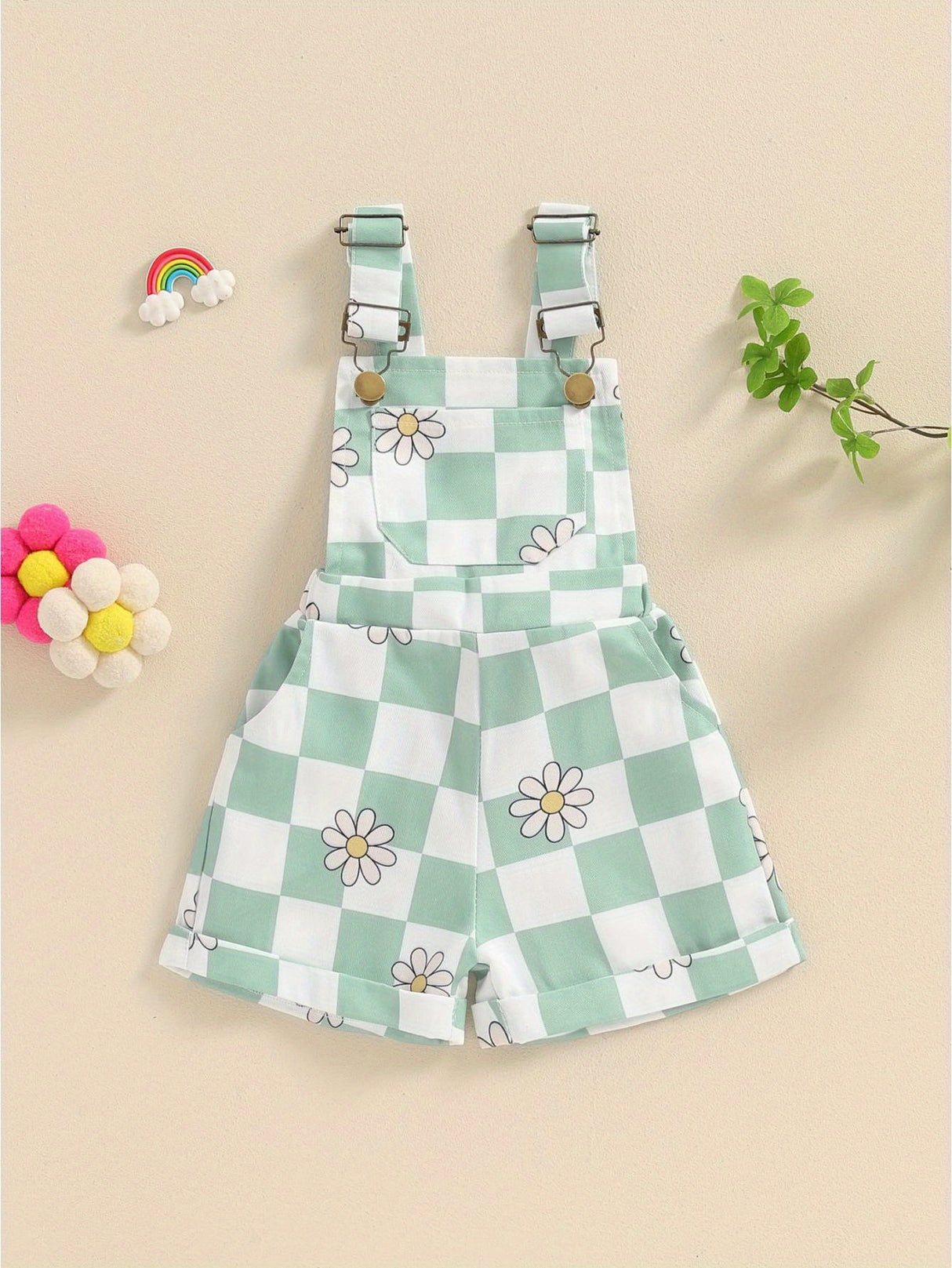 Adorable Toddler Baby Girl Summer Romper - Sleeveless Checkerboard Floral Print Jumpsuit with Pocket, Casual Overalls Shorts for Newborn, Cute Clothes for Little Princesses, Perfect for Outdoor Play and Special Occasions