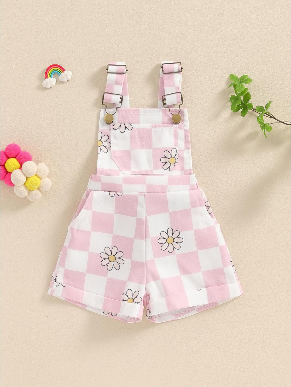 Adorable Toddler Baby Girl Summer Romper - Sleeveless Checkerboard Floral Print Jumpsuit with Pocket, Casual Overalls Shorts for Newborn, Cute Clothes for Little Princesses, Perfect for Outdoor Play and Special Occasions