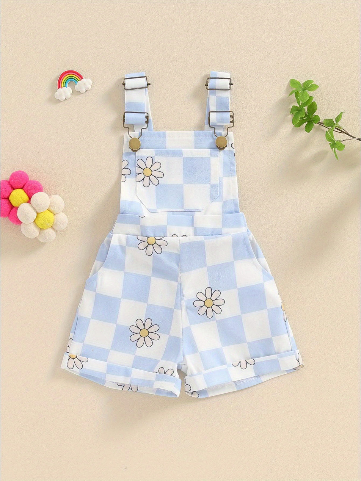 Adorable Toddler Baby Girl Summer Romper - Sleeveless Checkerboard Floral Print Jumpsuit with Pocket, Casual Overalls Shorts for Newborn, Cute Clothes for Little Princesses, Perfect for Outdoor Play and Special Occasions