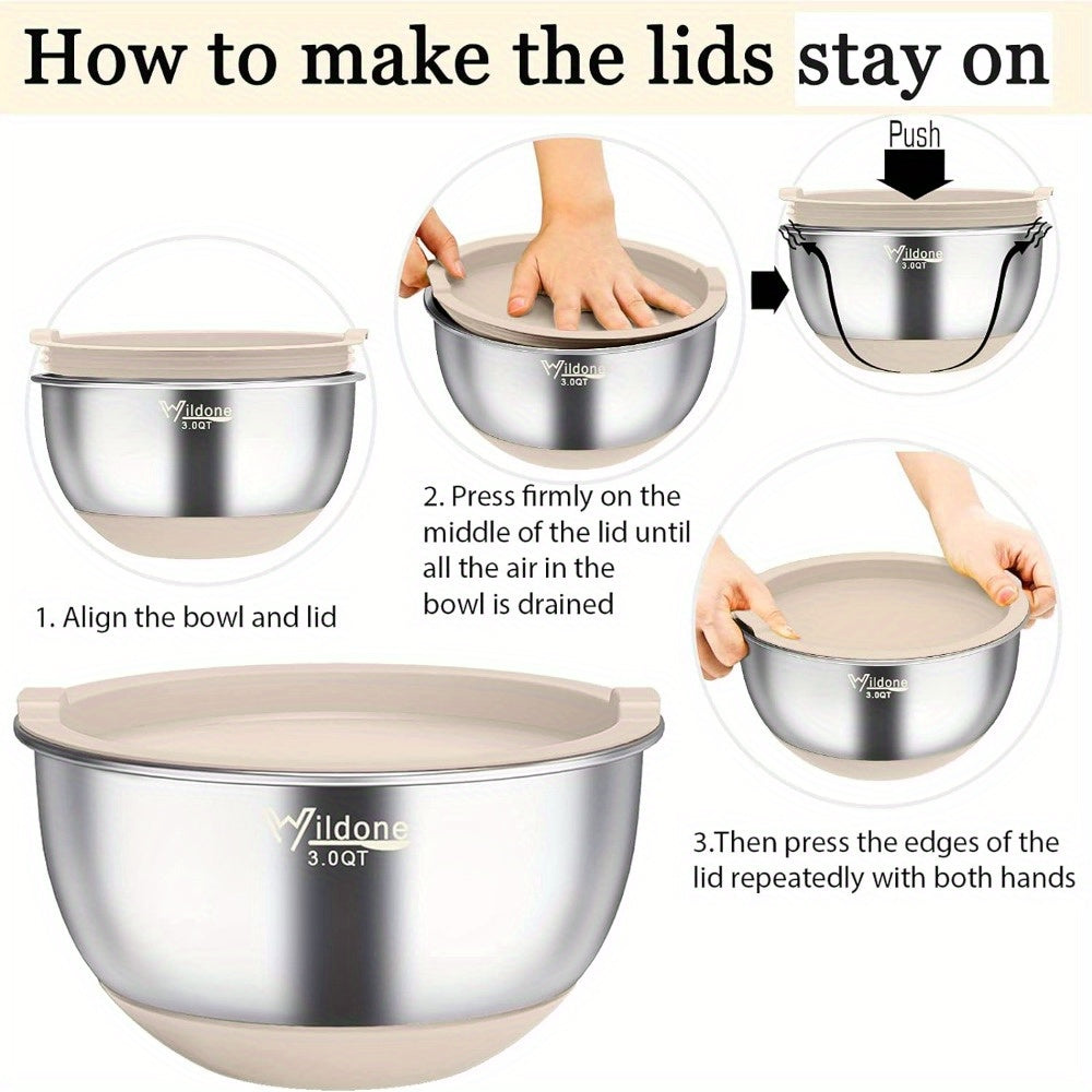 Mixing Bowls with Airtight Lids, 22 PCS Stainless Steel Nesting Bowls, with 3 Grater Attachments, Scale Marks & Non-Slip Bottom, Size 5, 4, 3, 2, 1.5, 0.63QT, Ideal for Mixing & Prepping