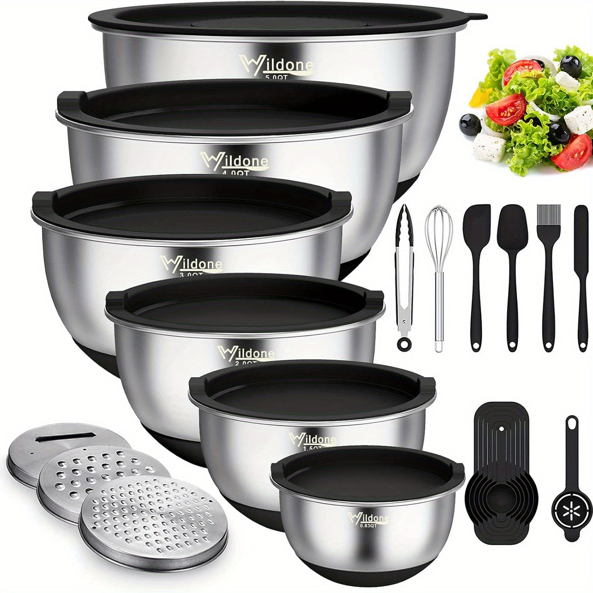 Mixing Bowls with Airtight Lids, 22 PCS Stainless Steel Nesting Bowls, with 3 Grater Attachments, Scale Marks & Non-Slip Bottom, Size 5, 4, 3, 2, 1.5, 0.63QT, Ideal for Mixing & Prepping