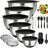 Mixing Bowls with Airtight Lids, 22 PCS Stainless Steel Nesting Bowls, with 3 Grater Attachments, Scale Marks & Non-Slip Bottom, Size 5, 4, 3, 2, 1.5, 0.63QT, Ideal for Mixing & Prepping