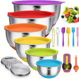 Mixing Bowls with Airtight Lids, 22 PCS Stainless Steel Nesting Bowls, with 3 Grater Attachments, Scale Marks & Non-Slip Bottom, Size 5, 4, 3, 2, 1.5, 0.63QT, Ideal for Mixing & Prepping