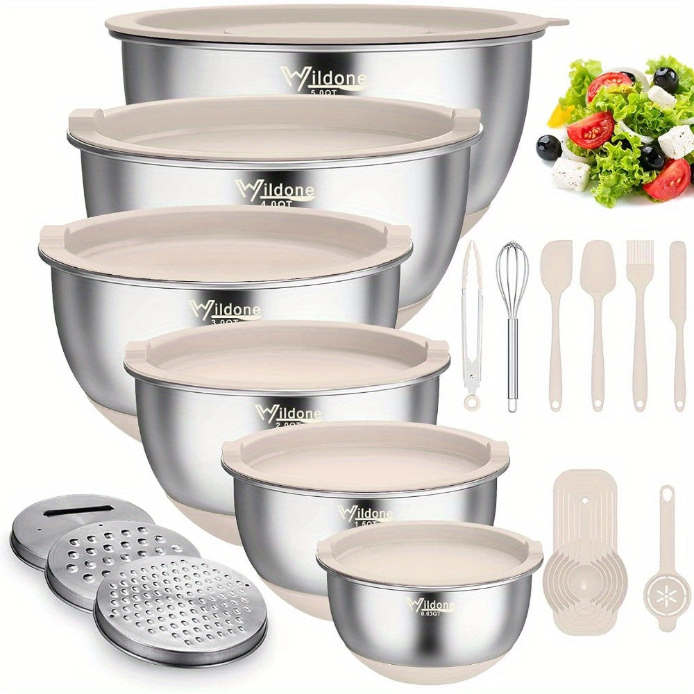 Mixing Bowls with Airtight Lids, 22 PCS Stainless Steel Nesting Bowls, with 3 Grater Attachments, Scale Marks & Non-Slip Bottom, Size 5, 4, 3, 2, 1.5, 0.63QT, Ideal for Mixing & Prepping