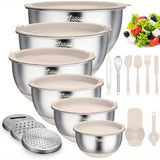 Mixing Bowls with Airtight Lids, 22 PCS Stainless Steel Nesting Bowls, with 3 Grater Attachments, Scale Marks & Non-Slip Bottom, Size 5, 4, 3, 2, 1.5, 0.63QT, Ideal for Mixing & Prepping