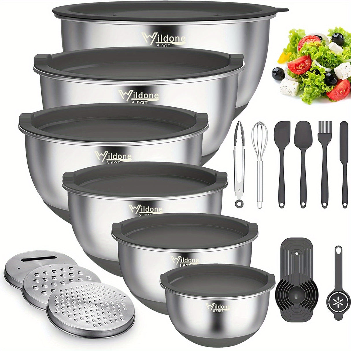 Mixing Bowls with Airtight Lids, 22 PCS Stainless Steel Nesting Bowls, with 3 Grater Attachments, Scale Marks & Non-Slip Bottom, Size 5, 4, 3, 2, 1.5, 0.63QT, Ideal for Mixing & Prepping