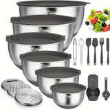 Mixing Bowls with Airtight Lids, 22 PCS Stainless Steel Nesting Bowls, with 3 Grater Attachments, Scale Marks & Non-Slip Bottom, Size 5, 4, 3, 2, 1.5, 0.63QT, Ideal for Mixing & Prepping