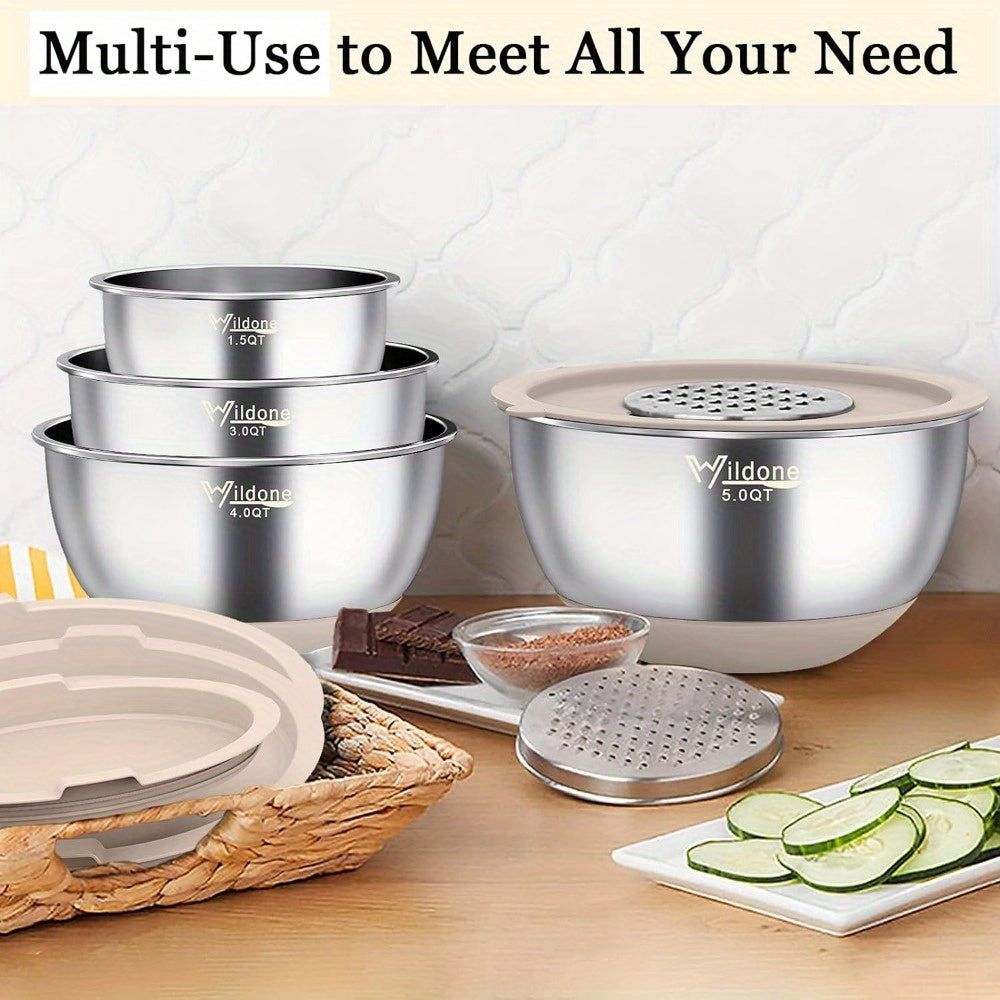 Mixing Bowls with Airtight Lids, 22 PCS Stainless Steel Nesting Bowls, with 3 Grater Attachments, Scale Marks & Non-Slip Bottom, Size 5, 4, 3, 2, 1.5, 0.63QT, Ideal for Mixing & Prepping