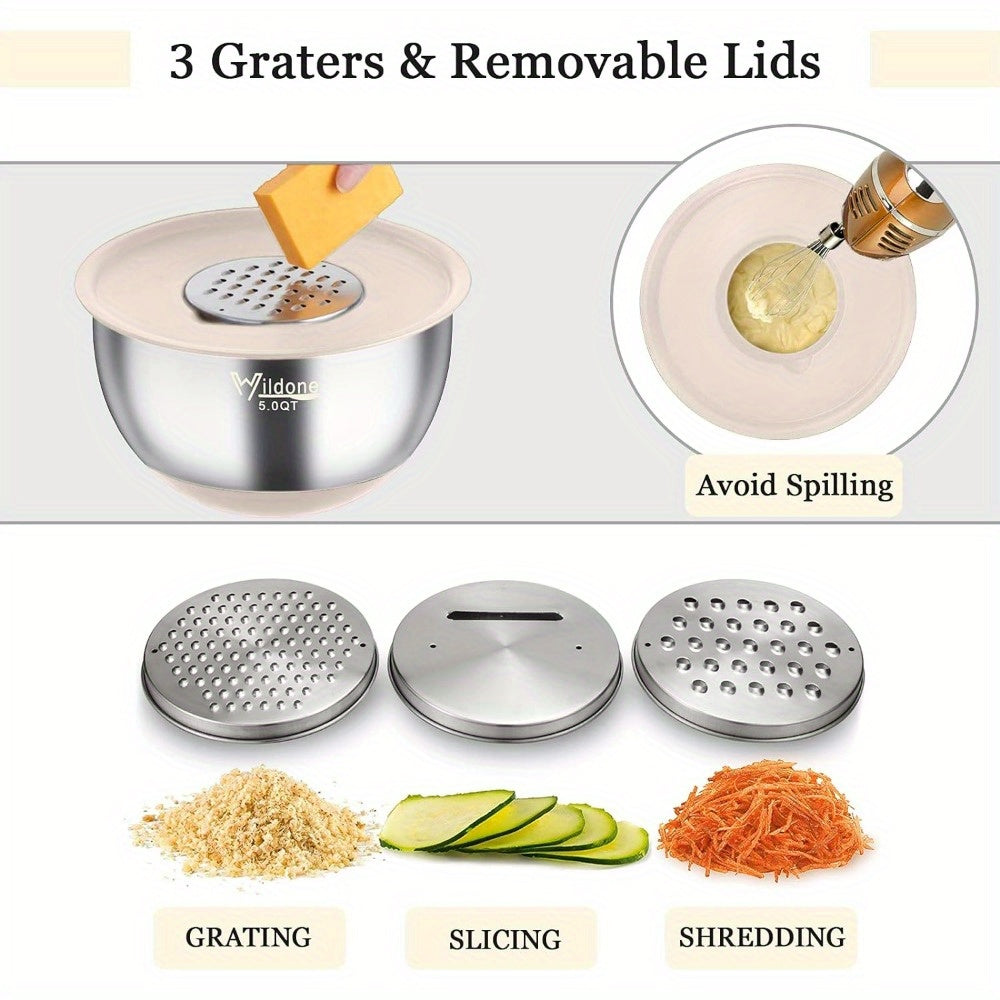 Mixing Bowls with Airtight Lids, 22 PCS Stainless Steel Nesting Bowls, with 3 Grater Attachments, Scale Marks & Non-Slip Bottom, Size 5, 4, 3, 2, 1.5, 0.63QT, Ideal for Mixing & Prepping
