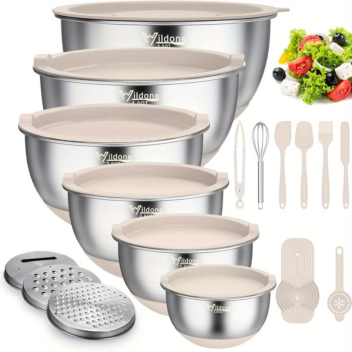 Mixing Bowls with Airtight Lids, 22 PCS Stainless Steel Nesting Bowls, with 3 Grater Attachments, Scale Marks & Non-Slip Bottom, Size 5, 4, 3, 2, 1.5, 0.63QT, Ideal for Mixing & Prepping