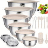 Mixing Bowls with Airtight Lids, 22 PCS Stainless Steel Nesting Bowls, with 3 Grater Attachments, Scale Marks & Non-Slip Bottom, Size 5, 4, 3, 2, 1.5, 0.63QT, Ideal for Mixing & Prepping