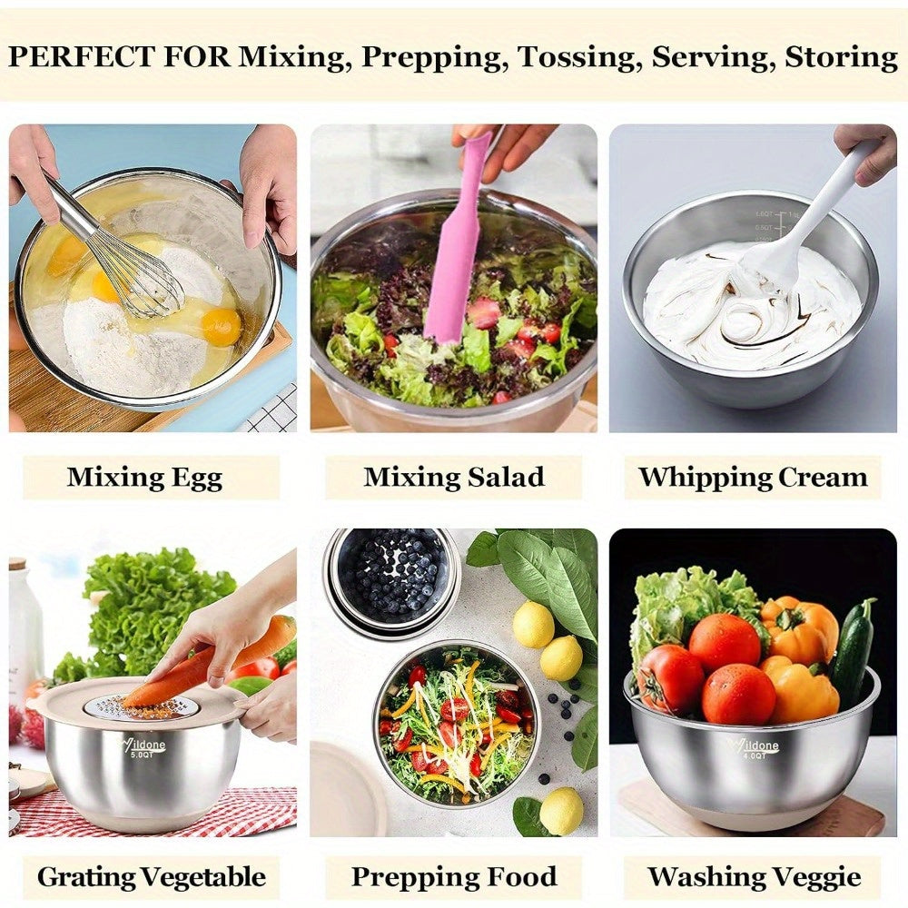 Mixing Bowls with Airtight Lids, 22 PCS Stainless Steel Nesting Bowls, with 3 Grater Attachments, Scale Marks & Non-Slip Bottom, Size 5, 4, 3, 2, 1.5, 0.63QT, Ideal for Mixing & Prepping