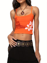 Women's Floral Tree Print Camisole Summer Sleeveless Backless Low Cut Slim Fit Crop Tops