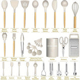 Chef Silicone Kitchen Utensil Set, 34PCS Heat Resistant Kitchen Gadgets and Tools With Grater, Wood Handles for Nonstick Cookware
