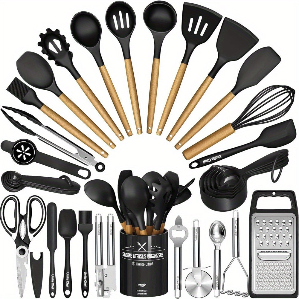 Chef Silicone Kitchen Utensil Set, 34PCS Heat Resistant Kitchen Gadgets and Tools With Grater, Wood Handles for Nonstick Cookware