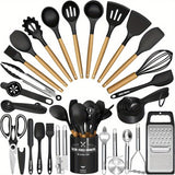 Chef Silicone Kitchen Utensil Set, 34PCS Heat Resistant Kitchen Gadgets and Tools With Grater, Wood Handles for Nonstick Cookware