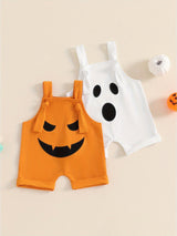 Baby Toddler Boys Girls Halloween Overalls Sleeveless Square Neck Pumpkin/Ghost Face Embroidery Rompers Newborn Jumpsuits