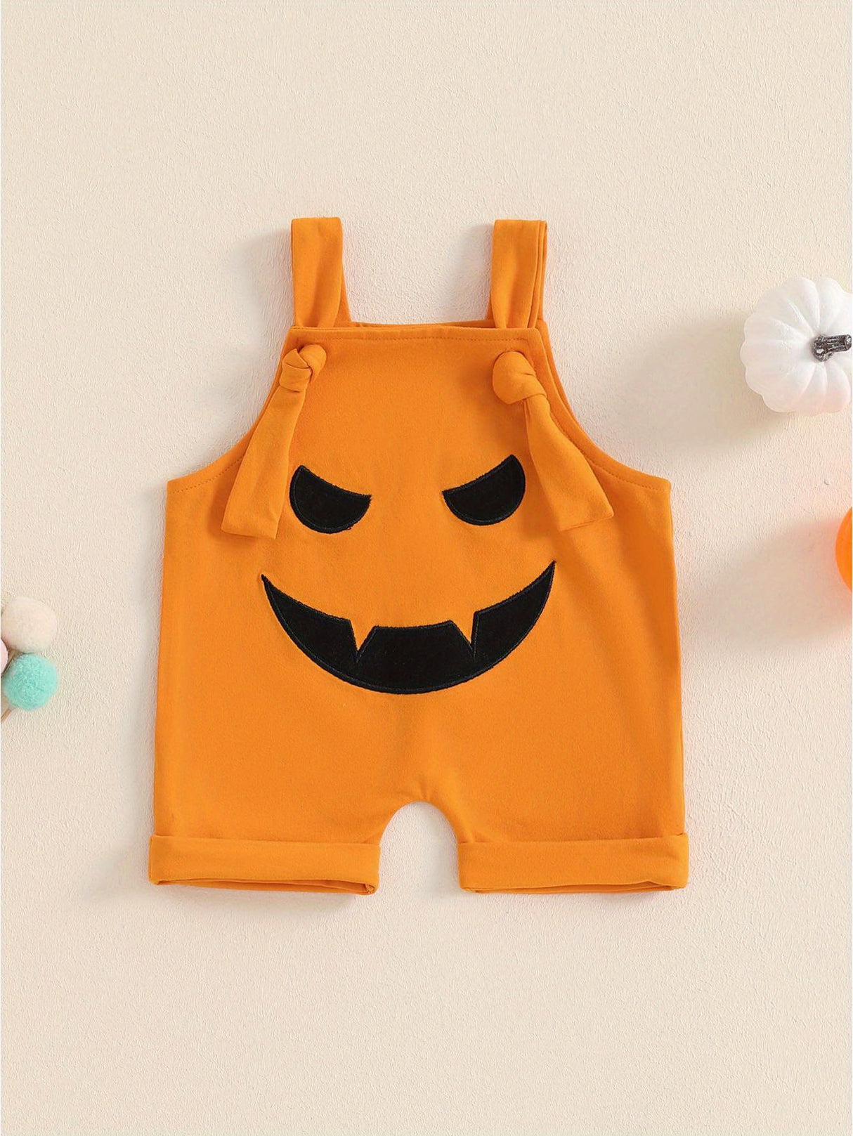 Baby Toddler Boys Girls Halloween Overalls Sleeveless Square Neck Pumpkin/Ghost Face Embroidery Rompers Newborn Jumpsuits