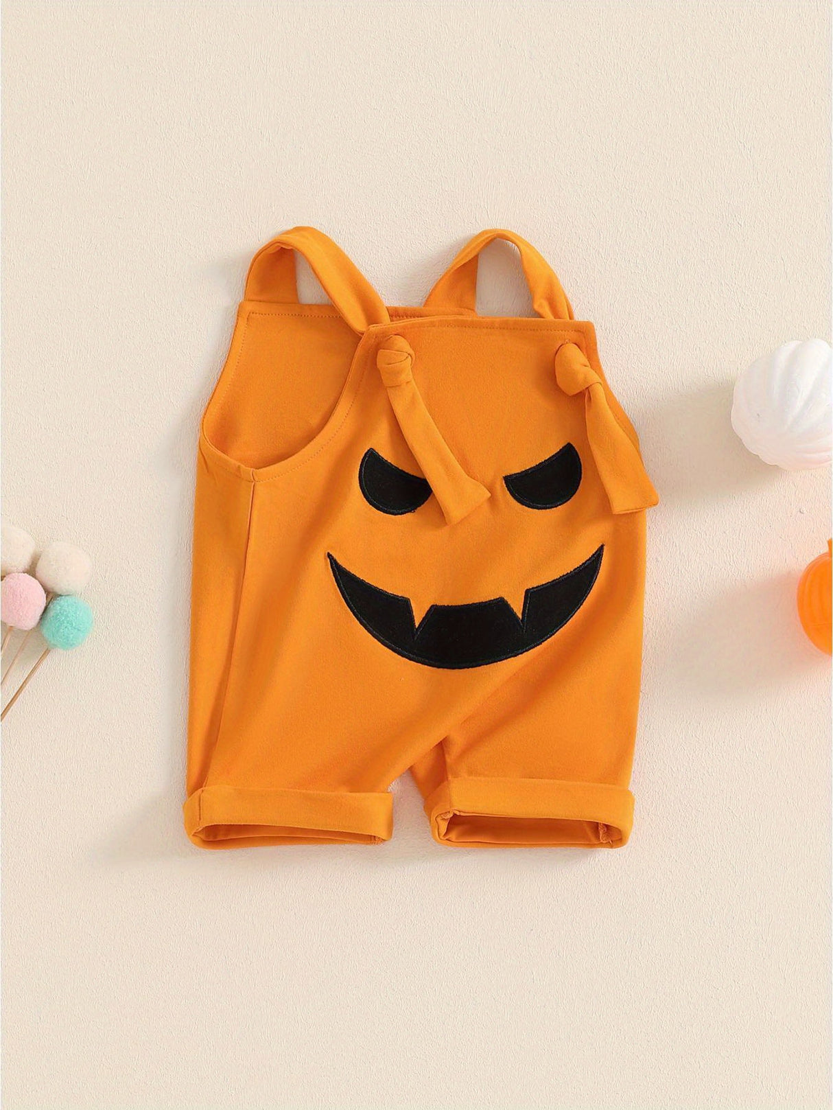 Baby Toddler Boys Girls Halloween Overalls Sleeveless Square Neck Pumpkin/Ghost Face Embroidery Rompers Newborn Jumpsuits