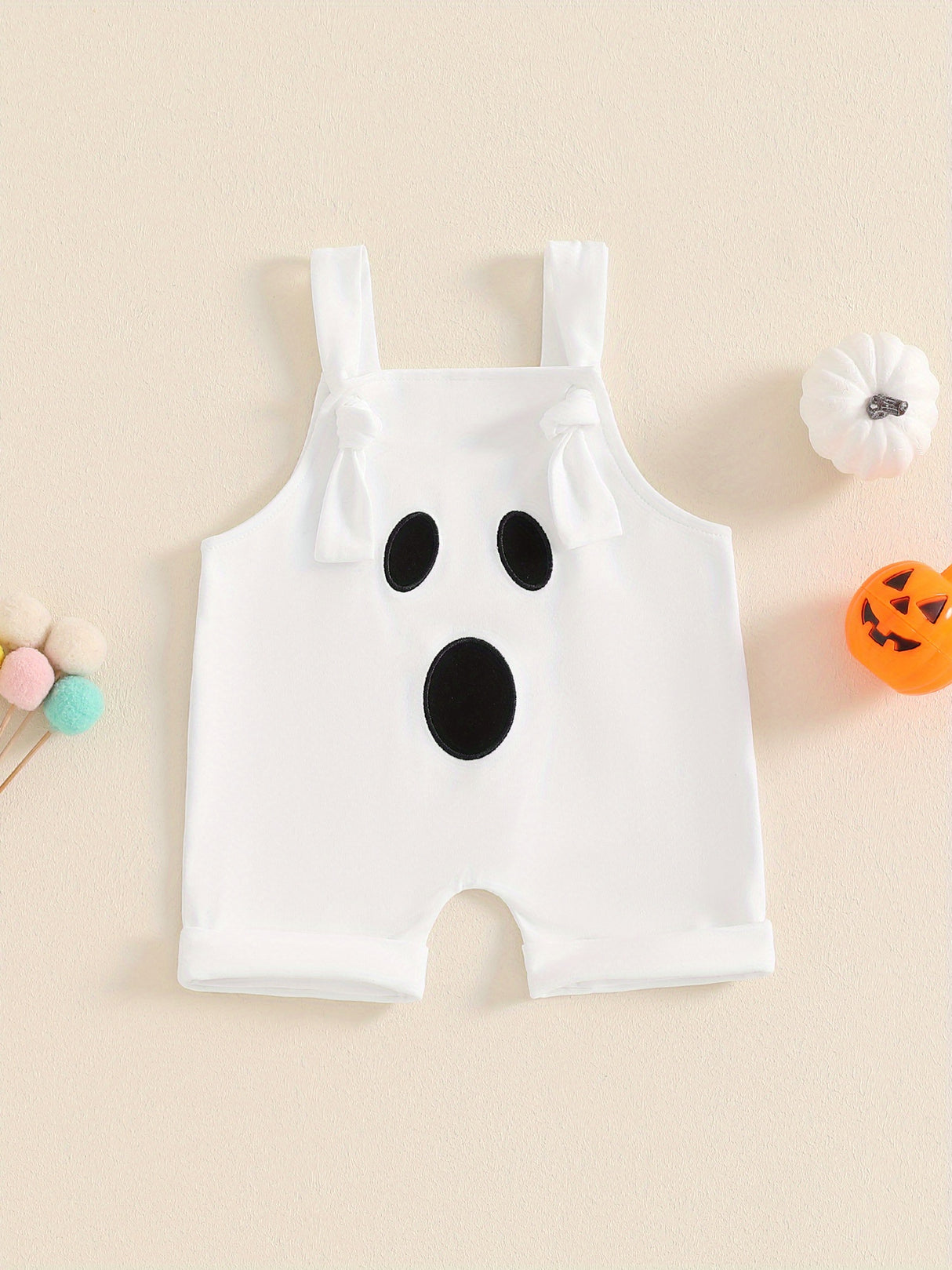 Baby Toddler Boys Girls Halloween Overalls Sleeveless Square Neck Pumpkin/Ghost Face Embroidery Rompers Newborn Jumpsuits