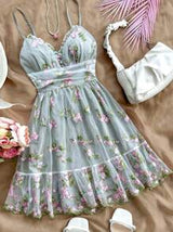 easyown WYWH Women's Romantic Floral Embroidered Casual Sundress, Suitable For Summer Vacation, Graduation, Back To School, Party, Garden Tea, Cute Lunch, Green Easter Backless Bowknot Mini Dress