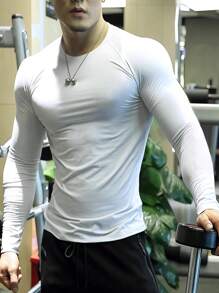 Boyfriend Style Men's Long Sleeve Fitness Compression Gym T-Shirt, Quick-Drying High Elasticity Workout Top For Muscle Training, Solid Color