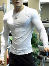 Boyfriend Style Men's Long Sleeve Fitness Compression Gym T-Shirt, Quick-Drying High Elasticity Workout Top For Muscle Training, Solid Color