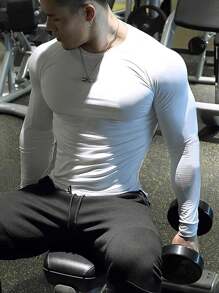 Boyfriend Style Men's Long Sleeve Fitness Compression Gym T-Shirt, Quick-Drying High Elasticity Workout Top For Muscle Training, Solid Color