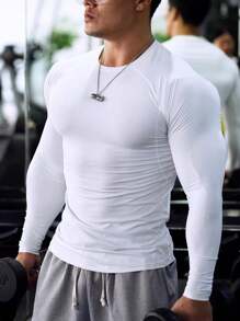 Boyfriend Style Men's Long Sleeve Fitness Compression Gym T-Shirt, Quick-Drying High Elasticity Workout Top For Muscle Training, Solid Color