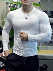Boyfriend Style Men's Long Sleeve Fitness Compression Gym T-Shirt, Quick-Drying High Elasticity Workout Top For Muscle Training, Solid Color