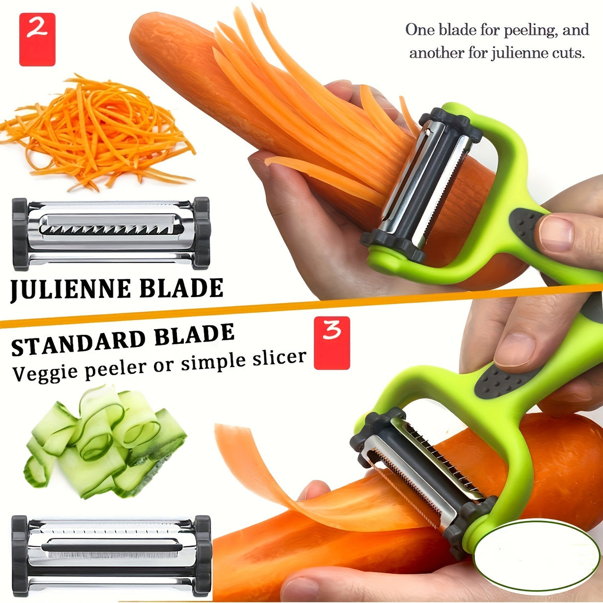 Multi-Functional 3-in-1 ABS Rotary Peeler - Serrated Blade Vegetable & Fruit Peeler with Julienne Slicer & Grater - Kitchen Prep Tool for Veggie Salad, Zucchini Noodles - Durable Stainless Steel - 1pc